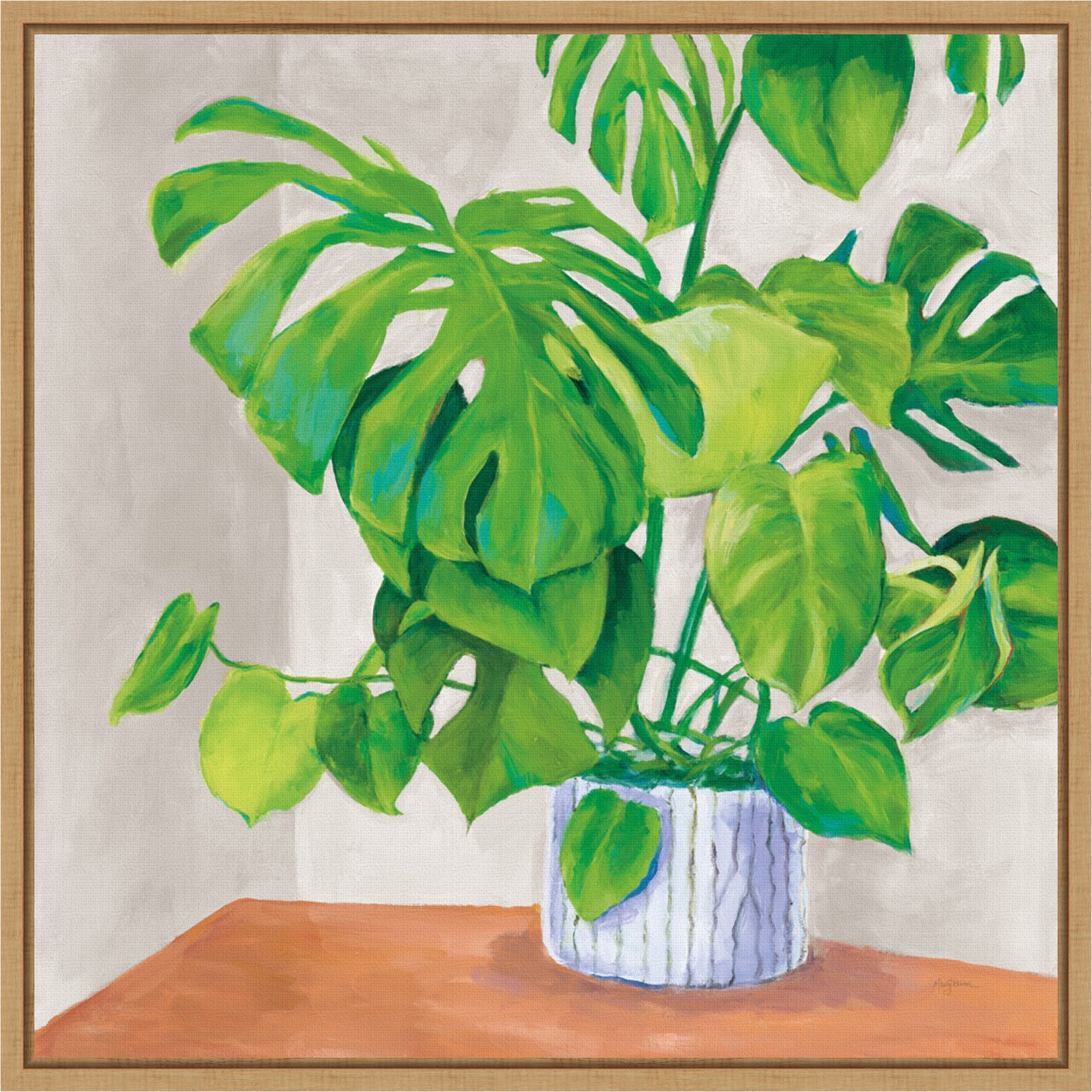 Monstera Houseplant on Grey by Mary Urban 16-in. W x 16-in. H. Canvas Wall Art Print Framed in Natural